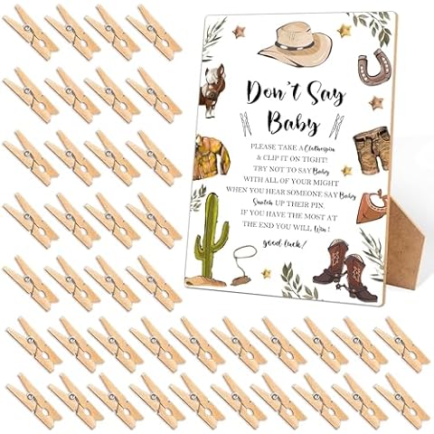 Don't Say Baby Clothespin Games Sign, Cowboy Baby Shower Games, 1 Wooden Sign with 50 Mini Clothespins, Game Activity for Baby Shower, Gender Reveal Party Favors Decorations Cover