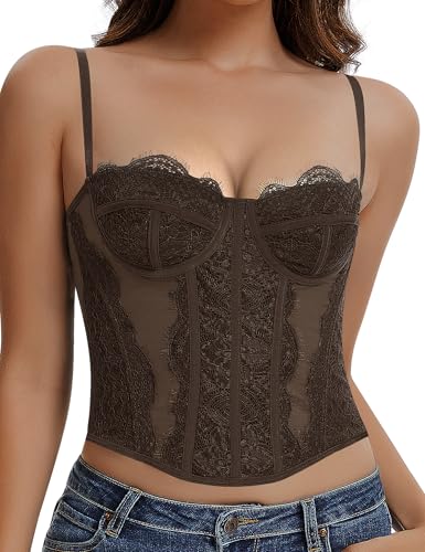 Image of Lace Corset Tops for Women Sexy Going Out Bustier Top Sleeveless Adjustable Straps Crop Tops with Back Hooks