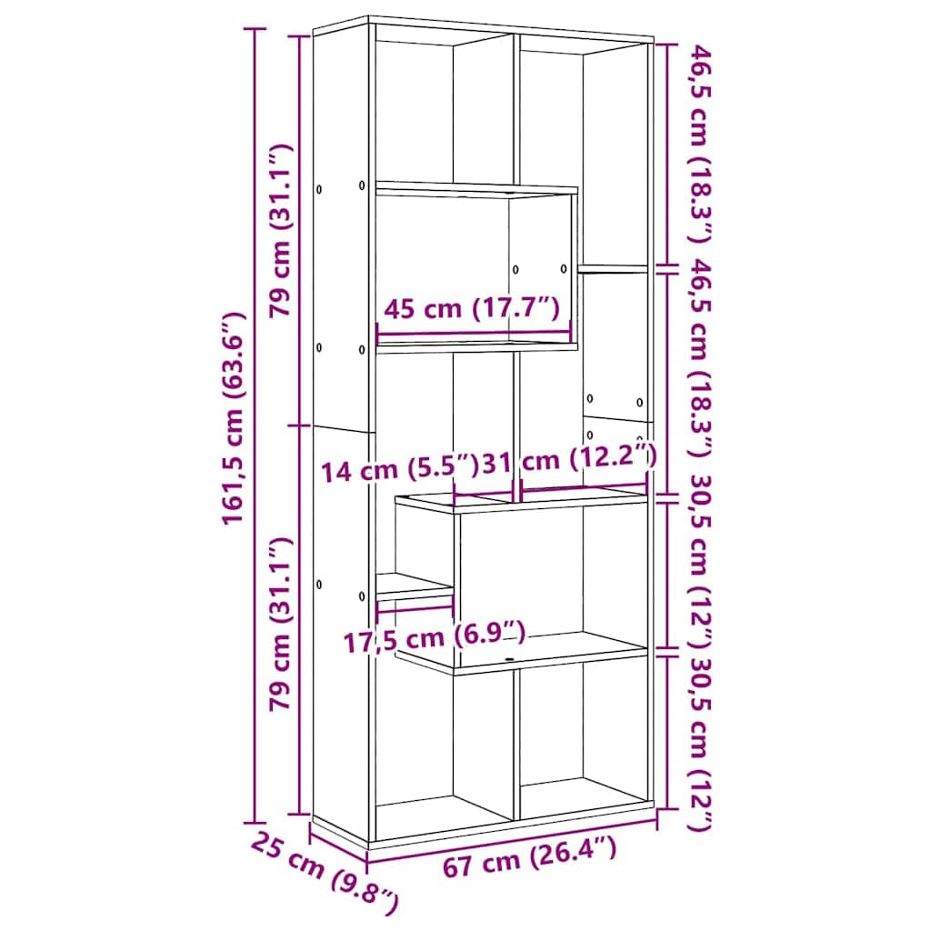 Scaffale divisorio per libri, bianco, 67 x 25 x 161,5 cm, in legno, flessibile, pratico organizer da parete, versatile, ideale per soggiorno, ufficio, cameretta dei bambini