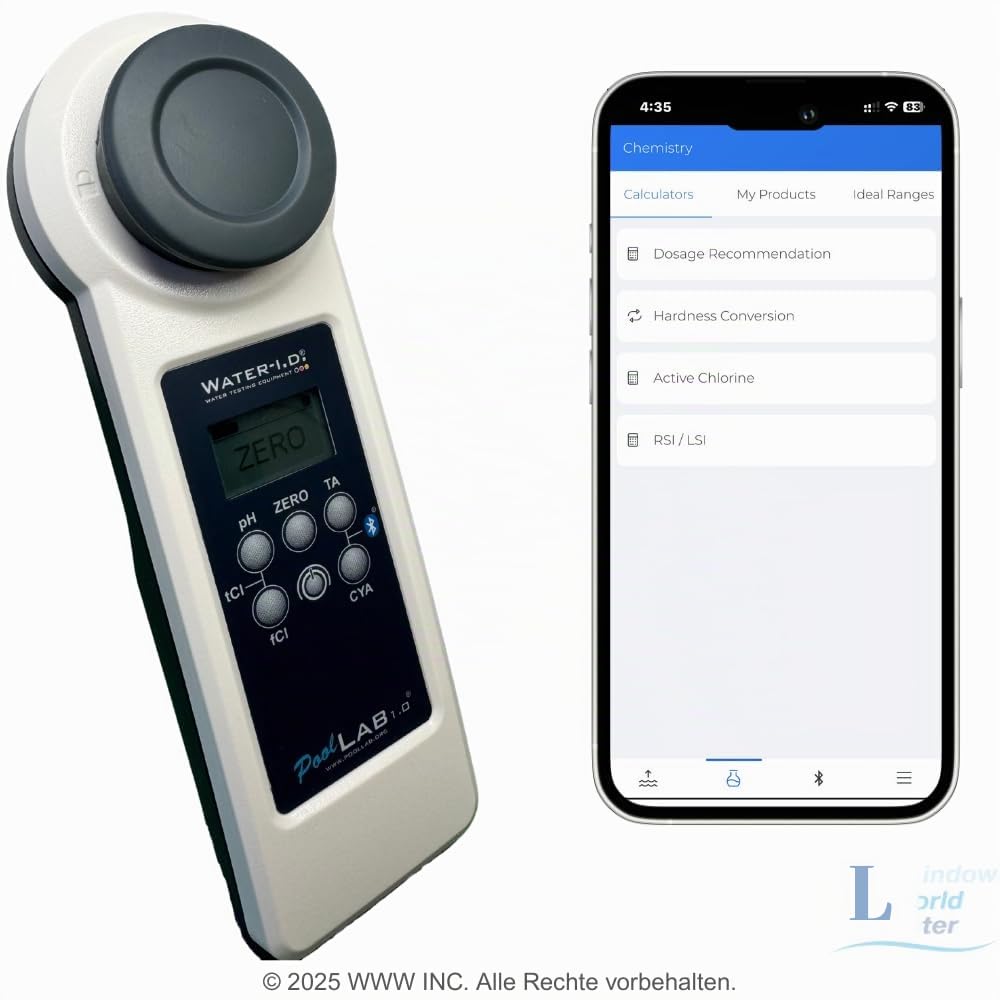 Pool Lab 1.0 testeur d’eau électronique – Version spéciale pour WWW INC – Mesure 15 paramètres de l’eau (pH, chlore, alcalinité, acide cyanurique, etc.) Bluetooth et application – Pour piscine et spa