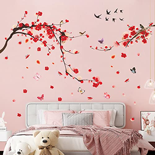 3D Red Plum Blossom Wall Decals Red Flowers Blossom Tree Branch Wall Stickers DIY Removable Chinese Style Red Flowers Birds Butterfly Wall Art Decor for Bedroom Living Room Office Decoration DT-4990