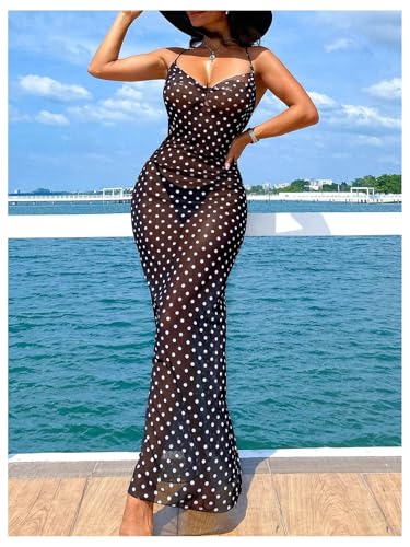 SHENHE Women's Sexy Polka Dots Dress Sheer Mesh Draped Front Open Back Swimsuit Beach Cover Up Maxi Dresses3