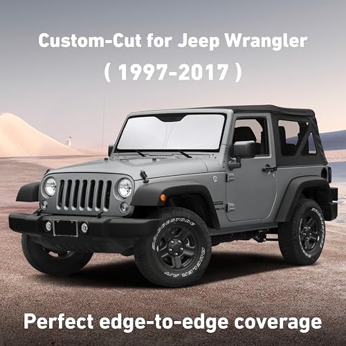 Image of EcoNour Windshield Sunshade Compatible for Jeep Wrangler Rubicon Sahara TJ JK JKU2 4DOOR 1997-2015 2016 2017, Sun Visor for Front Windshield & Window Sun Shade Cover, UV Heat Blocker, Car Accessories