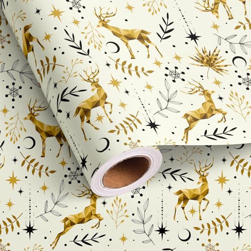 Dtiafu Christmas Wrapping Paper Roll White Gold Reindeer and Tree Design Xmas Gift Wrap for Winter Holiday Party Celebration - Total 28.5sq.ft