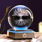 ZRENJHUS 80mm 3D Tree of Life Crystal Ball with Colorful Light Touch Base Life Tree Night Light Flower of Life Decor Healing Ball Glass Lucky Gifts