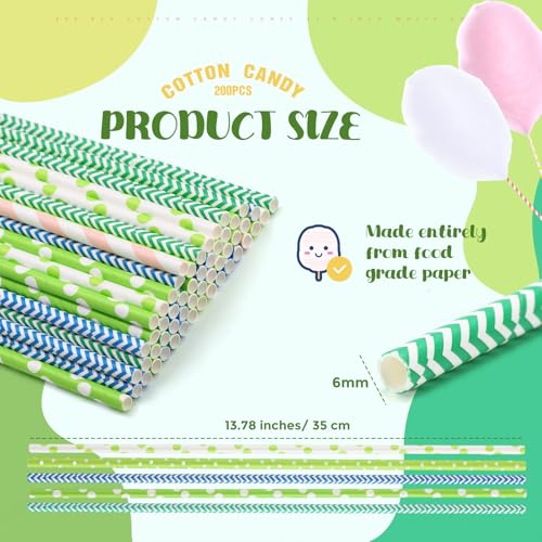 Image of Reallnaive 200 Pieces Cotton Candy Cones 13.8 Inch Cotton Candy Holder Stick Random Color Paper Straw Cones Colorful Sticks for Birthday Wedding Holiday Party (Green Color)