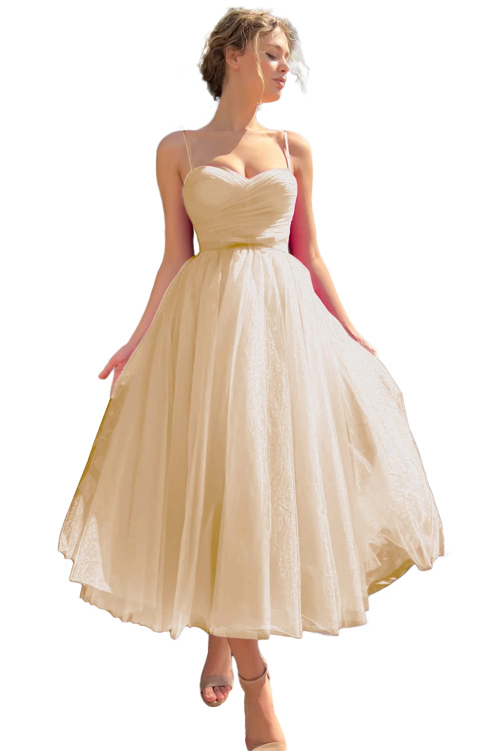 Sevintage Spaghetti Straps Tulle Prom Dress Tea Length Formal Party Evening Dress with Pockets