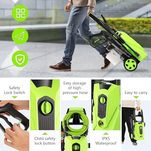 Image of Pressure Cleaner 5000PSI High Power Cleaners with 33ft Pressure Hose, 4 Nozzles and Foam Cannon, for Home, Cars, Fences, Patio (Light Green)