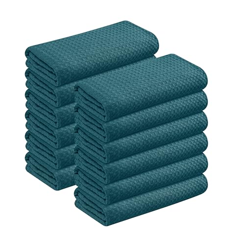 Image of Teal Green Kitchen Towels - Waffle Weave, 100% Cotton, Soft & Absorbent, Fast Dry, Durable, 16x26 Inches, Perfect for Dish Drying, Bar, Cleaning, and Everyday Use, Set of 12, Teal