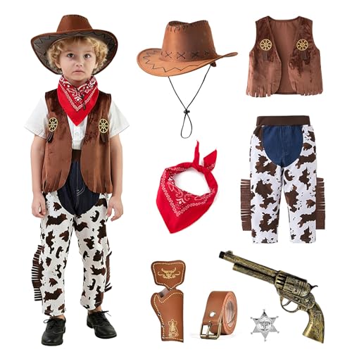 YushengTai Deguisement Cowboy Enfant, Western Costume Cowboy Accessoires avec Notamment Chapeau, Gilet, Pantalon, Deguisement Cow Boy Enfant Garcon pour...