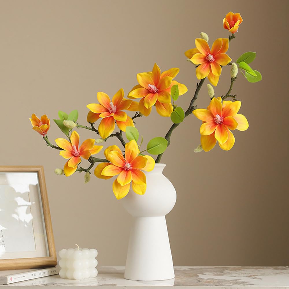 LIJUCAI 3 Pieces Artificial Magnolia Flower Stems Pink Faux Magnolia Branches 40cm Realistic Floral Stems for Home Decor Vase Arrangement Wedding Centerpieces,C