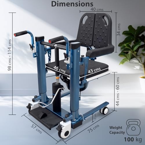 Image of KosmoCare Aluminum Patient Lift & Transfer Wheelchair |Hydraulic Foot Pedal |Split Seat 46 cm for Easy Transfers |Height Adjustable 98-114 cm |100kg Load Capacity |Water-Resistant|Shower-Friendly|Blue