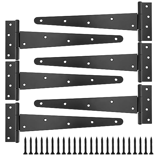 SINJEUN 6 Pcs 12 Inch T Hinges, Black Heavy Duty Shed Barn Door Hinge with Mounting Screws