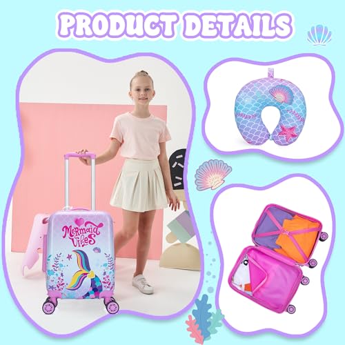 Image of Cute Mermaid Kid's Luggage Set 2 Piece Suitcase Set 16 inch Hardside Luggage with Spinner Wheels Girls Carry on Toddler Travel Rolling Luggage Airline Approved