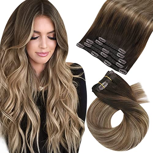 Moresoo Real Hair Extensions Clip in Human Hair Balayage Brown Clip in Hair Extensions Dark Brown to Light Brown with Dark Honey Blonde Short Bob Hair 10 Inch 5 Pcs/80g #4/10/16