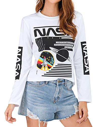 WLLW Women Long Sleeve Crew Neck NASA Letter Print Shirt Tops Blouse Sweatshirt (2XL, White)