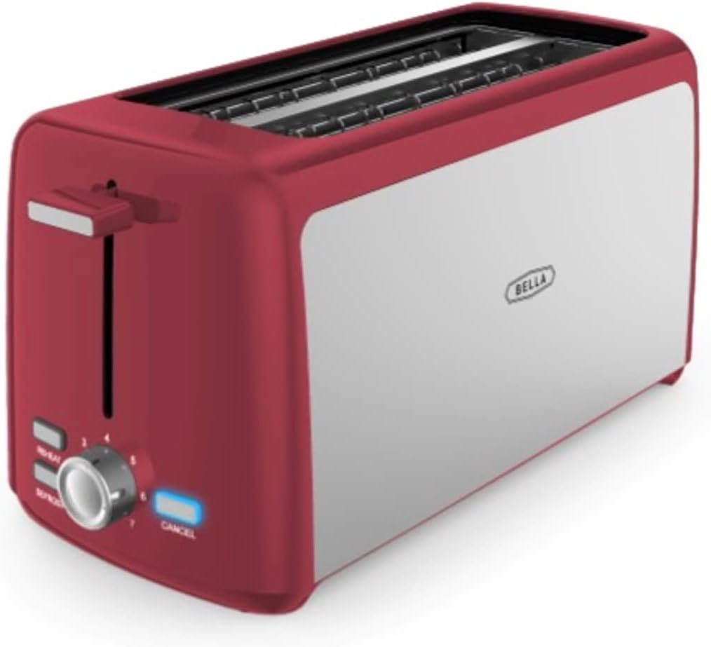 BELLA 4 Slice Toaster, Long Slot & Removable Crumb Tray, 7 Shading Options with Auto Shut Off, Cancel & Reheat Button, Toast Bread & Bagel, Stainless Steel & Red BELLA 4 Slice Toaster, Long Slot & Removable Crumb Tray, 7 Shading Options with Auto Shut Off, Cancel & Reheat Button, Toast Bread & Bagel, Stainless Steel & Red