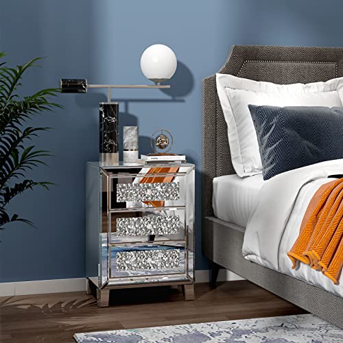 Image of VINGLI Mirrored Nightstand with 3 Drawers Modern End Table Bed Side Table with Mirrored Finish, 17.72-inch W x 13.78-inch D x 23.62-inch H, Silver