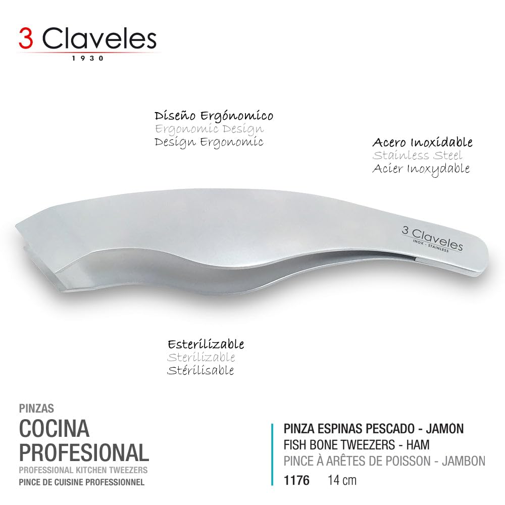 3 Claveles Pinzas Pescado o Jamón, Acero Inoxidable-(14cm), 14 cm