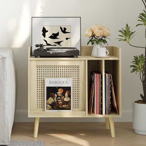 Semiocthome Record Player Stand with Vinyl Storage, Record Player Table with Rattan Cabinet Door,...