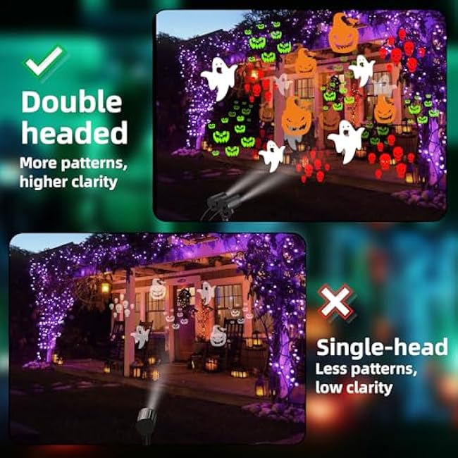 Double Head Halloween Projector Lights Outdoor with Timer,IP65 Waterproof Dynamic Halloween Ghost Skeleton Pumpkin Devil Face Lights for Home Window Wall Decor