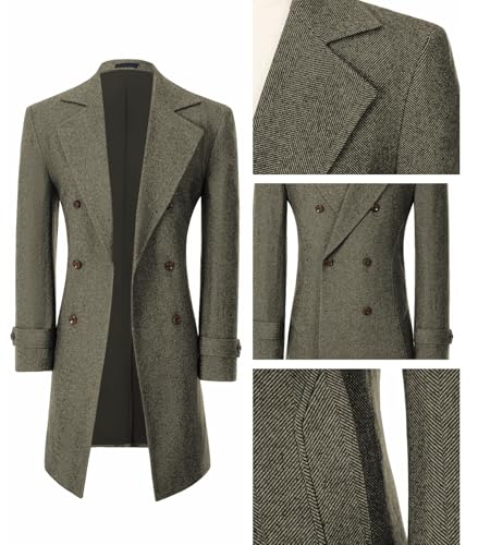 Image of Men's Peacoat Jackets Grey Coats Casual Winter Trench Coat Herringbone Long Jacket Warm Wool Overcoat for Men