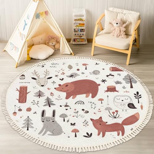 Image of DNEWYNPABV Round Boho Rug Hand Drawn Colored Childrens Set with Cute Forest Animals in Area Linen Carpet Patio Hallway Runner Mat Pad Minimalist Home Decor for Living Room Outdoor, Multi, 4 ft