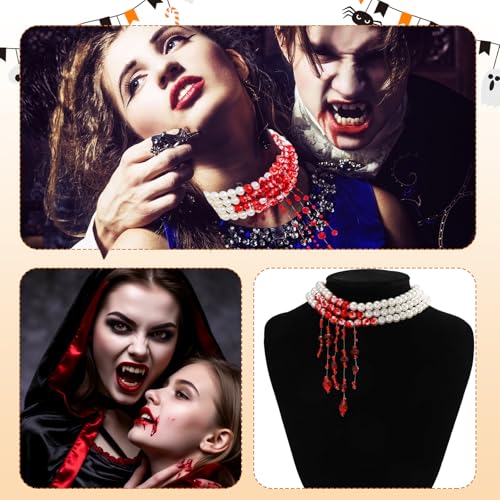 Vampir Kostüm Damen Set - Halloween Accessoires Damen & Vampir Zubehör - Blutige Perlenkette & Ohrringe für den Grusel-Look, Halloween Kostüm damen, Verstellbarer Blutige Perlenkette für Halloween