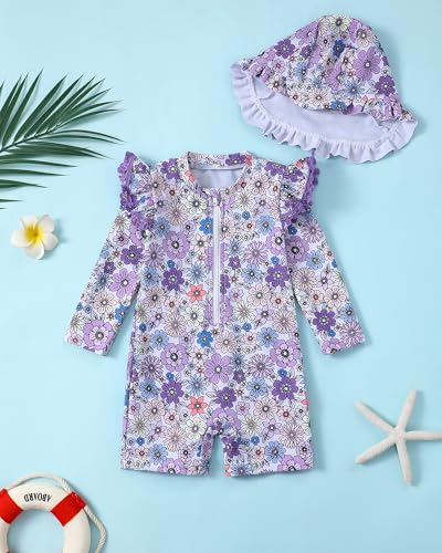 Image of Toddler Girl Swimsuit Baby Girl Bathing Suit Long Sleeve Floral Zipper One-Piece Rash Guard Swimsuit with Hat