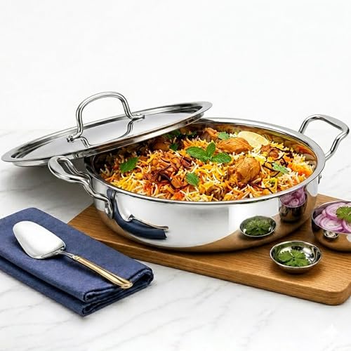 Image of SOLARA Triply Stainless Steel Uruli 32 cm with SS Lid, Tri Ply Heavy Bottom Cooking Pot, Stainless Steel Handle, Induction Friendly Deep Kadai /Uruli for Curry, Biryani & Frying