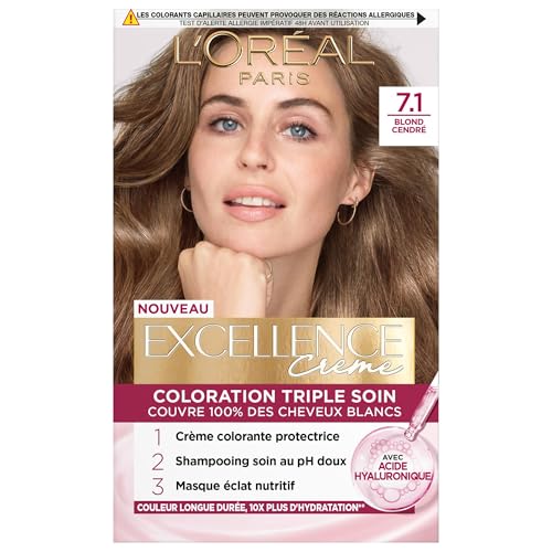 L'Oréal Paris - Excellence Crème -Kit de Coloration Permanente Triple Soin de Cheveux - 100% Couverture Cheveux Blancs - Nuance 7,1 Blond Cendré