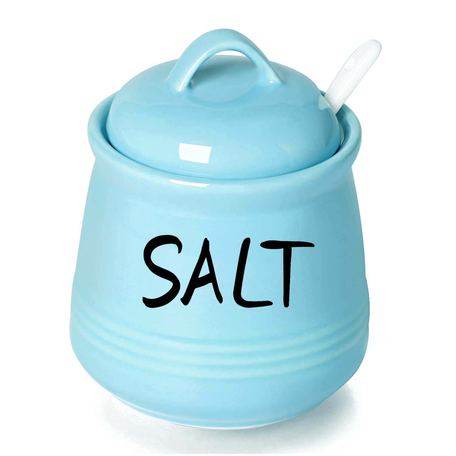 HAOTOP Salt Bowls with Lid and Spoon -12 oz Ceramic Salt Cellar, Salt Containers, Spice Box for Counter, Farmhouse Kitchen Decor, Turquoise
