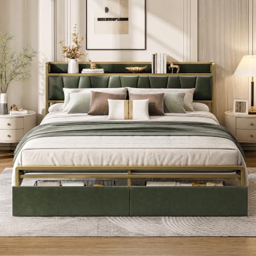 Image of LIKIMIO California King Size Bed Frame with 2 Drawers and Charging Station | Platform Bed with Upholstered Storage Headboard, No Box Spring Needed, Easy Assembly, Sturdy, Green