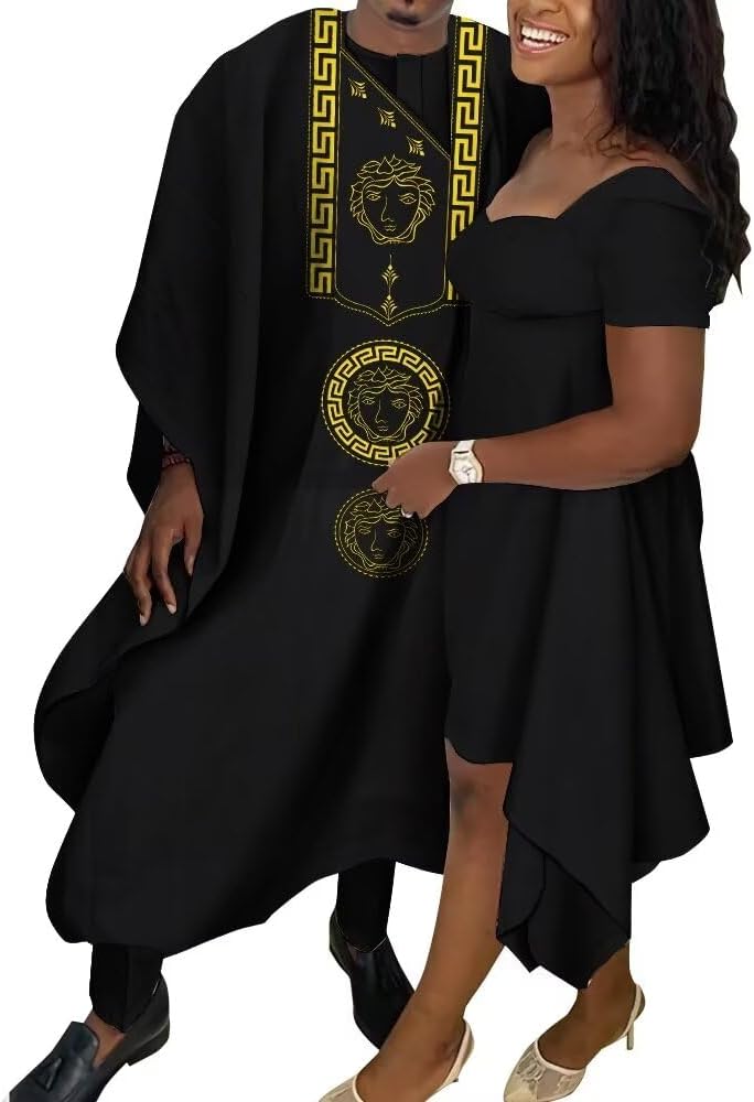 African Couple Clothes Embroidered African Mens Agbada Robe Suits and African Dresses for Women Dashiki Party Outfits