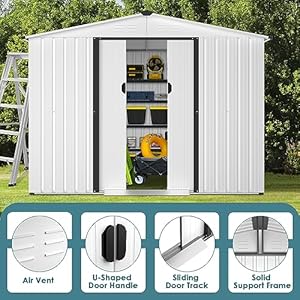 Crownland outdoor vented backyard garden storage shed 6x8 feet tool house with sliding door outdoor lawn steel roof sheds white  urban country home decor