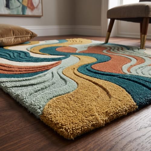 Image of Hand Tufted Premium Wool Abstract Wave Design Carpet for Living Room, Bedroom, Office & Home Decor Size 12x18 Feet
