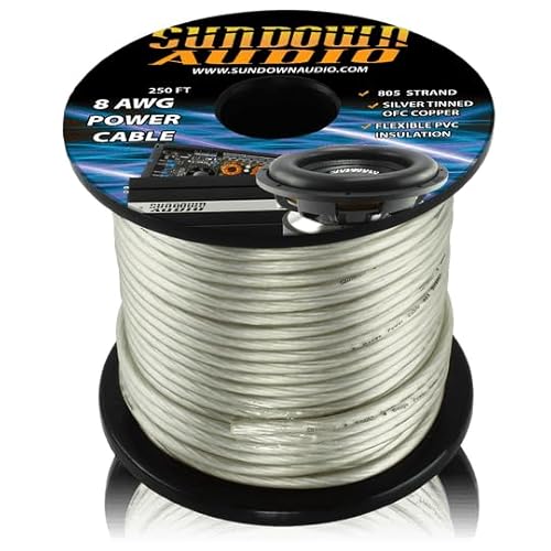 Sundown Audio CBL-8S250 8 AWG Power Cable – 250FT Spool, Silver Tinned OFC Copper, 805 Strands, Ultra-Flexible PVC – High Current Car Audio Amplifier & Subwoofer Wire (Silver)
