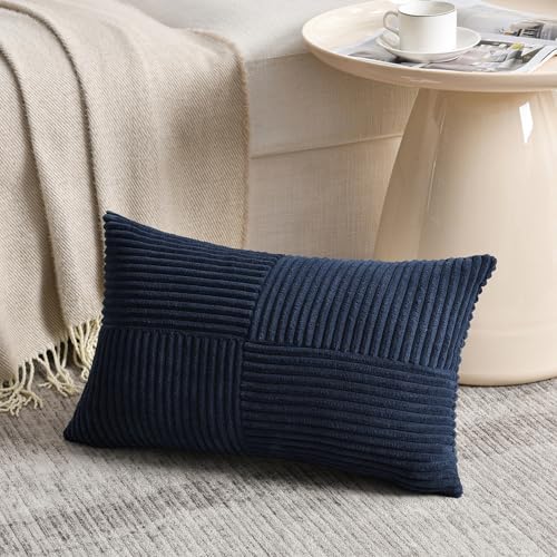 Image of Fancy Homi 2 Packs Navy Blue Lumbar Decorative Throw Pillow Covers 14x24 Inch for Couch, Rustic Farmhouse Boho Home Decor, Soft Striped Corduroy Rectangle Accent Cushion Case 35x60 cm