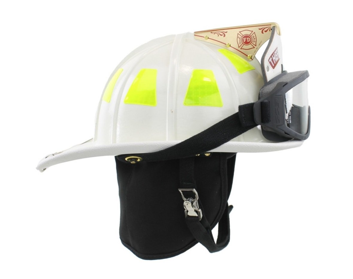 MSA1044XSW Cairns Fire Helmet ESS Goggles with Standard Flannel Liner, Nomex Earlap, Chinstrap with Quick Release, Postman Slide, 6" Silk Screened Eagle and Lime/Yellow Reflexite, White