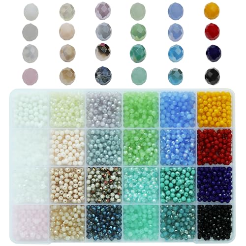 Bala&Fillic 4 mm Briolette glaskralen, facetgeslepen rondelle kristallen kralen, ondoorzichtige kleur, doe-het-zelf knutselkralen voor armband, geassorteerd, 24 kleuren, met containerdoos (totaal 2400