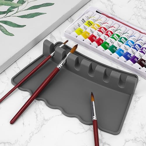 Image of Silicone Paint Brush Holder, Brush Holder for Artist, 6 Slots Large Paint Brushs, Rest Suitable Watercolor, Oil, Acrylic Painting Brushes Storage(Grey)