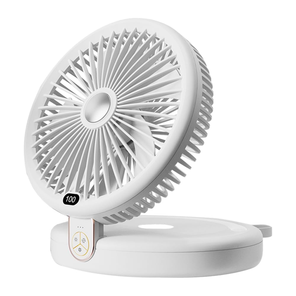 ventilatore da tavolo 2-in-1, 5 pale, 6 velocità, pieghevole, con gancio e cordino. Ricarica USB, 4000mAh, 15h autonomia, LED 3 livelli, oscillazione 120°, inclinazione 90°.(Bianco)
