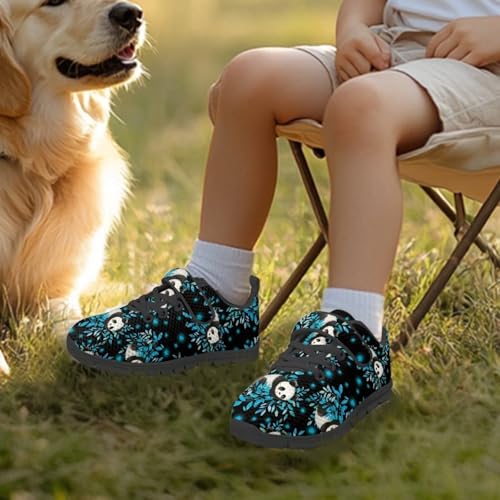 Boys Girls Sneakers Kids Breathable Lightweight Strap Tennis Athletic Running Shoes Panda Blue Plant Pattern3