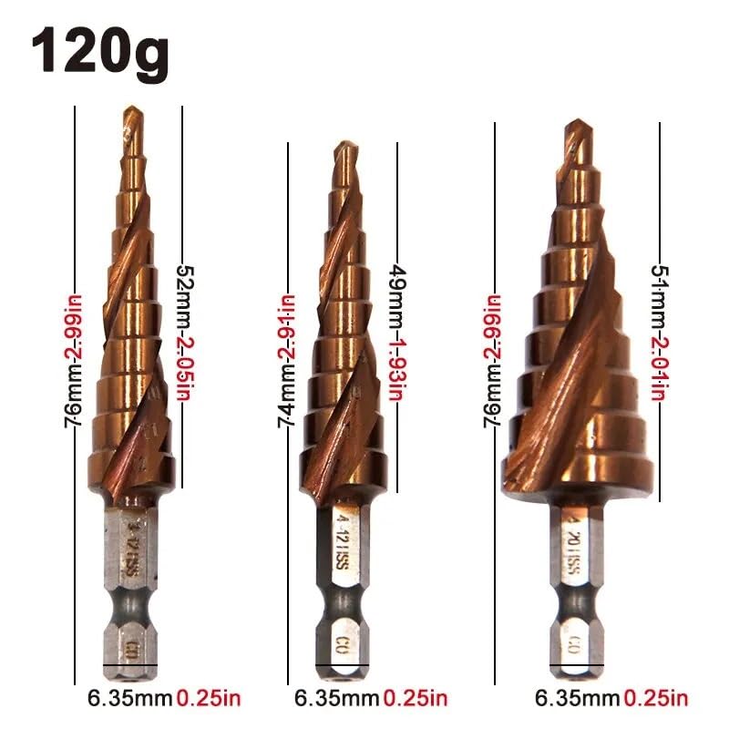 3 Uds M35 Contienen Taladro Escalonado Espiral Hexagonal De Acero Inoxidable Perforadora Pagoda Taladro for Agujeros Broca 3-12/4-12/4-20mm Herramienta De Corte