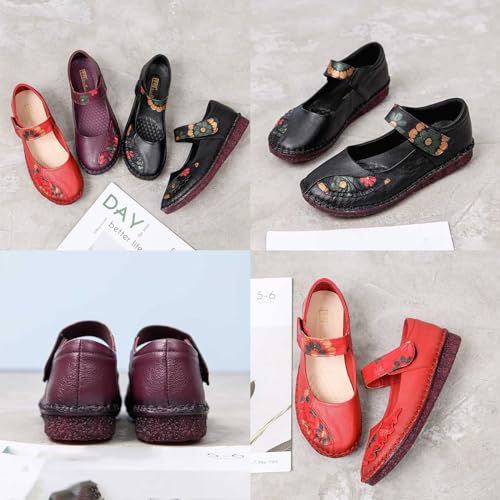 Women's Mary Jane Flats,Comfy Vintage Floral Print Leather Non-Slip Ox Softsole Adjustable Walking Casual Dress Shoes3