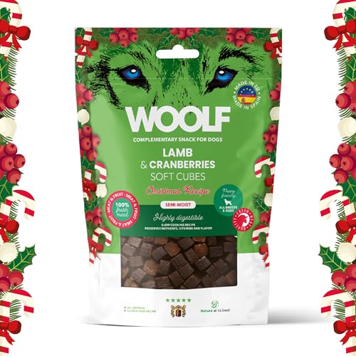 Snacks Navidad para Perros | Dados Semihúmedos de Cordero con arándanos Rojos | Sin Conservantes | Chuches Perros Naturales | Dog Treats Saludables para Cachorros y Mayores | 100g
