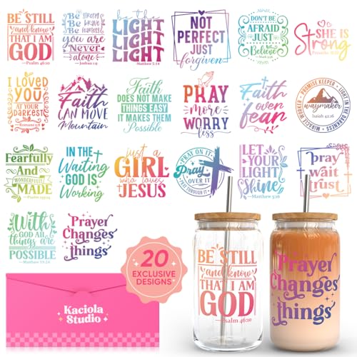 Kaciola Studio Bible Verse UV DTF Cup Wrap -20 Sheets Inspiration Quotes Theme UV DTF Cup Wraps for 16 oz Glass Mugs Coffee, Bible UV DTF Decals Waterproof Rub on Transfer Stickers DIY Mug Glasses