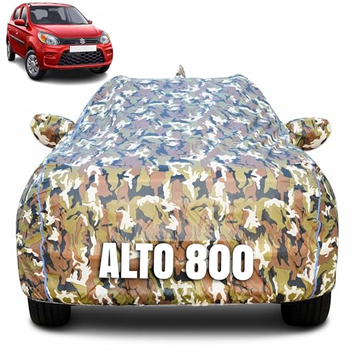 Image of 100% Waterproof Car Body Cover for Maruti Suzuki Alto 800 (2000-2023) with Mirror Pocket (Heat & UV Resistant, Triple Stitched, Soft Lining, Bottom Elastic & Piping) Camouflage, Military Print