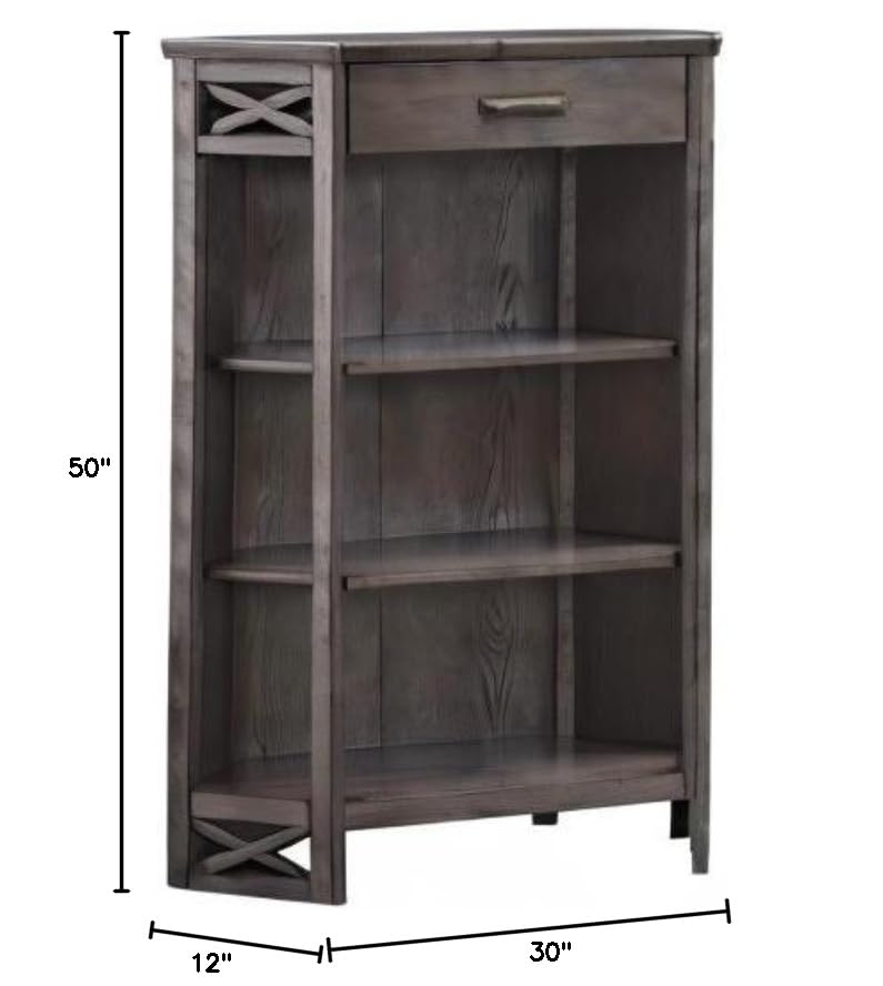 Image of Leick Home 84263 Mantel Height 3-Shelf Corner Bookcase with Drawer Storage, Gray Oak