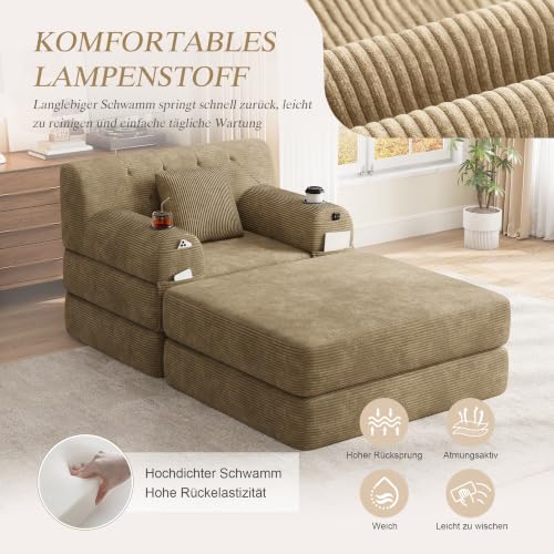 Sofá cama modular ajustable de pana caqui con taburete y función tumbado Boneless 7
